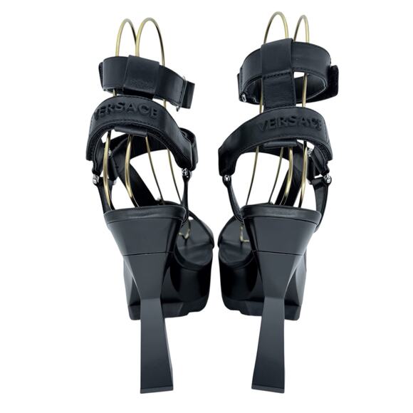 VERSACE Platform Sandals Zoccolo Vitellino T140 EU 40 US 10 Black Leather Heels - Picture 5 of 14